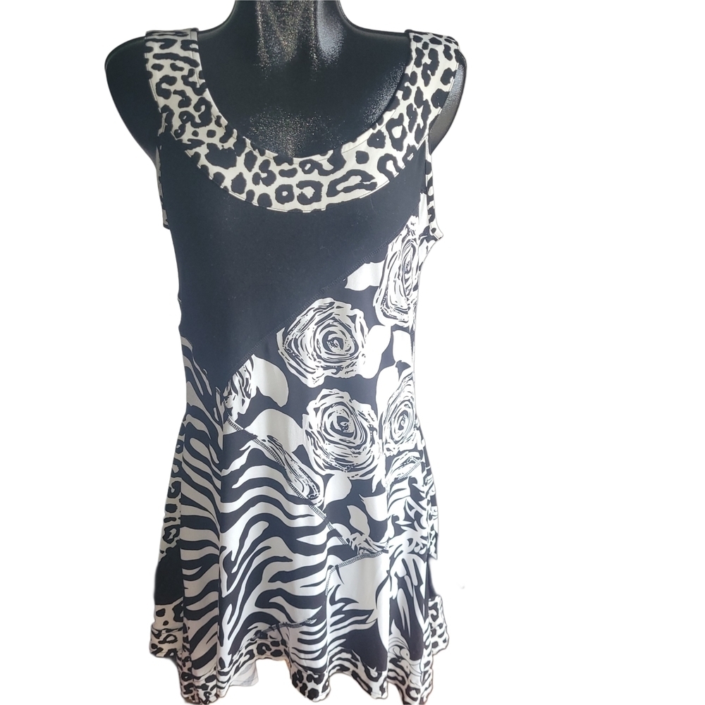 Papillon Black and White Abstract Patchwork Print Sleeveless Dress L